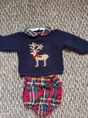 Juliana Navy Knit Reindeer Sweater Set with Plaid Collar and Bloomers